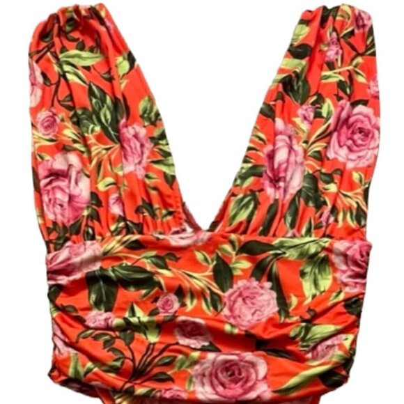 Zara NWT Orange Floral Stretch Deep V Neck Sleeveless Draped Bodysuit Medium - Picture 15 of 16